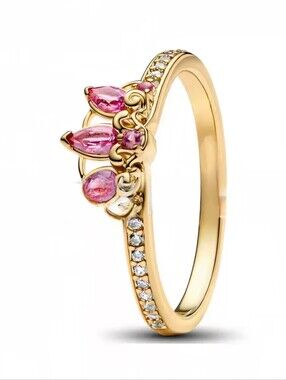 Gold Pink Gemstone Floral Princess Crown Ring Sz 6